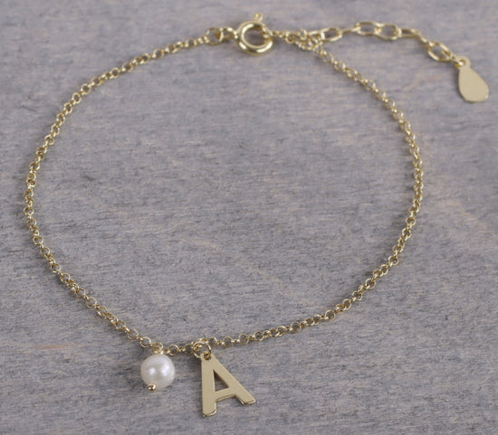Armband mit Buchstabe & Süßwasserzuchtperle Silber 925 vergoldet