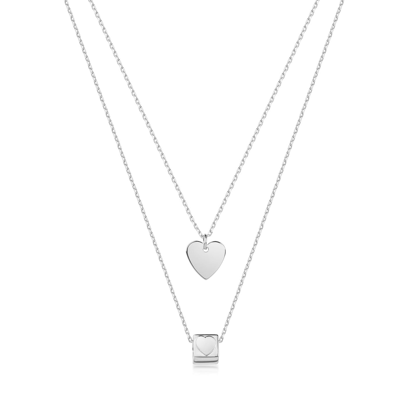 Halskette 2-rhg. mit Herz & Würfel Silber 925 rhodiniert